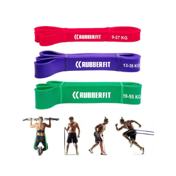 Kit Super Bands com 3 níveis de resistência (Forte, Média e Leve) da Rubber Fit, ideal para exercícios de fortalecimento